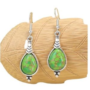Boho Silver and Green Drop Style Earrings